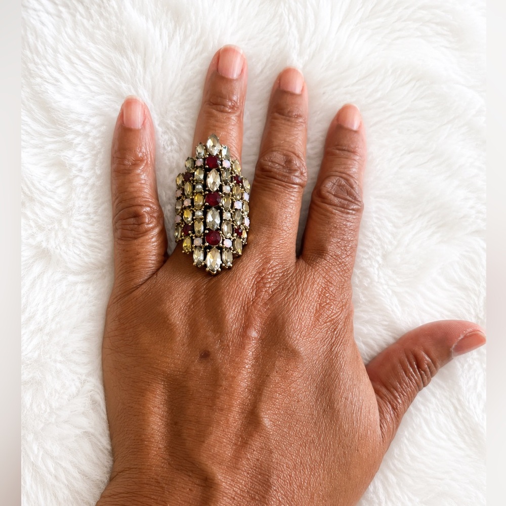 Vintage Oversized Rhinestone Statement Ring Red &Champagne Crystal Cocktail Ring